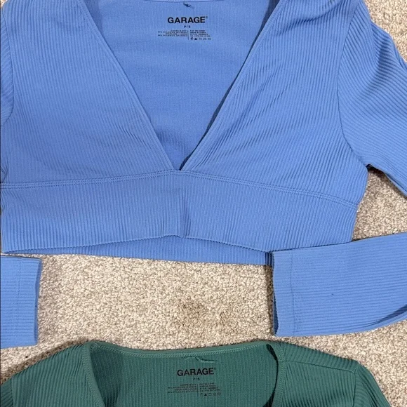 Garage Ribbed V-Neck Long Sleeve Crop Top Duo - Light Blue & Teal - Picture 2 of 2